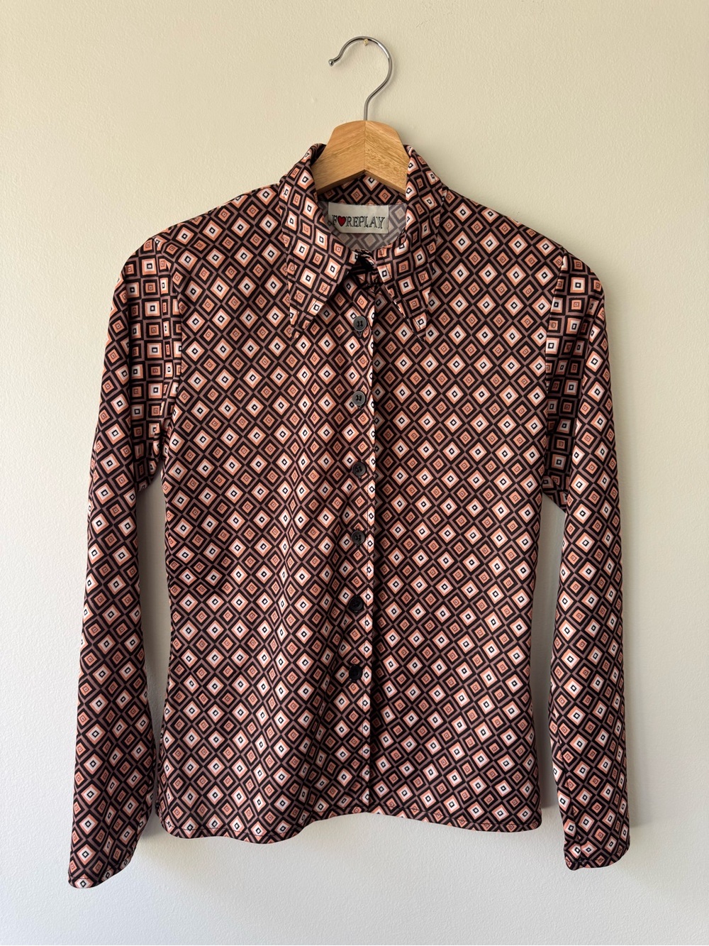 Foreplay Women’s Geometric Print Brown and Pink Blouse
